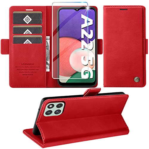 Handyhülle für Samsung Galaxy A22 5G Hülle mit Schutzfolie, Galaxy A22 5G Hülle Wallet Leder Kartenfach Standfunktion Schutzhülle für Samsung A22 5G Hülle Flip Case Cover Klapphülle (Rot) von Giyer