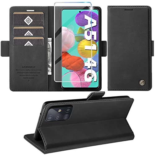 Handyhülle für Samsung Galaxy A51 4G mit Schutzfolie, Wallet Leder Kartenfach Standfunktion Schutzhülle für Flip Case Klapphülle (Schwarz) von Giyer