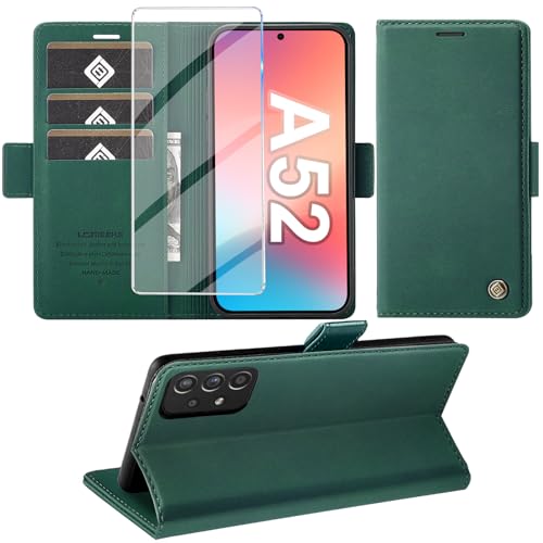 Handyhülle für Samsung Galaxy A52/A52S 4G 5G Hülle mit Schutzfolie, Standfunktion Kartenfach Wallet Premium Leder Schutzhülle A52S Flip Case Cover Stoßfeste Klapphülle (Green) von Giyer