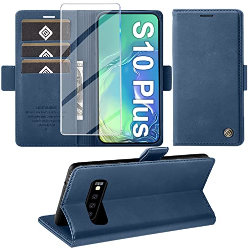 Handyhülle für Samsung Galaxy S10+ Plus Hülle mit Schutzfolie, Standfunktion Kartenfach Wallet Premium Leder Schutzhülle S10 Plus Flip Case Cover Stoßfeste Klapphülle S10 Plus 6.4 Zoll (Blau) von Giyer