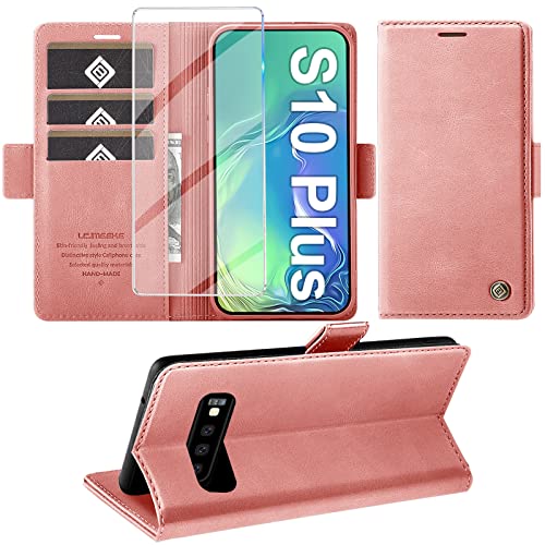 Handyhülle für Samsung Galaxy S10+ Plus Hülle mit Schutzfolie, Standfunktion Kartenfach Wallet Premium Leder Schutzhülle S10 Plus Flip Case Cover Stoßfeste Klapphülle S10 Plus 6.4 Zoll (Rosa) von Giyer