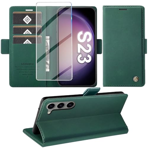 Handyhülle für Samsung Galaxy S23 5G Hülle mit Schutzfolie, Standfunktion Kartenfach Wallet Premium Leder Schutzhülle S23 5G Flip Case Cover Stoßfeste Klapphülle S23 5G 6.1 Zoll (Grün) von Giyer