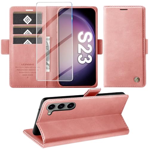 Handyhülle für Samsung Galaxy S23 5G Hülle mit Schutzfolie, Standfunktion Kartenfach Wallet Premium Leder Schutzhülle S23 5G Flip Case Cover Stoßfeste Klapphülle S23 5G 6.1 Zoll (Rosa) von Giyer