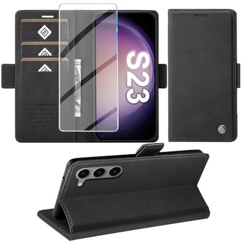 Handyhülle für Samsung Galaxy S23 5G Hülle mit Schutzfolie, Standfunktion Kartenfach Wallet Premium Leder Schutzhülle S23 5G Flip Case Cover Stoßfeste Klapphülle S23 5G 6.1 Zoll (Schwarz) von Giyer