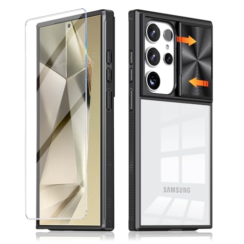 Handyhülle für Samsung Galaxy S24 Ultra Hülle mit Schutzfolie, Kameraschutz Schutzhülle S24 Ultra Dünn Transparent Clear Hard Stoßfest Bumper Full Case für Samsung S24 Ultra 5G Panzerhülle (Schwarz) von Giyer