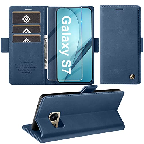 Handyhülle für Samsung Galaxy S7 Hülle mit Schutzfolie, Schutzhülle Galaxy S7 Standfunktion Premium Leder Wallet Silikon Phone Case Cover Hüllen S7 Klapphüllen 5.1 Zoll (Blau) von Giyer