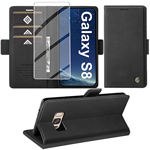 Handyhülle für Samsung Galaxy S8 Hülle mit Schutzfolie, Schutzhülle Galaxy S8 Standfunktion Premium Leder Wallet Silikon Phone Case Cover Hüllen S8 Klapphüllen 5.8 Zoll (Schwarz) von Giyer