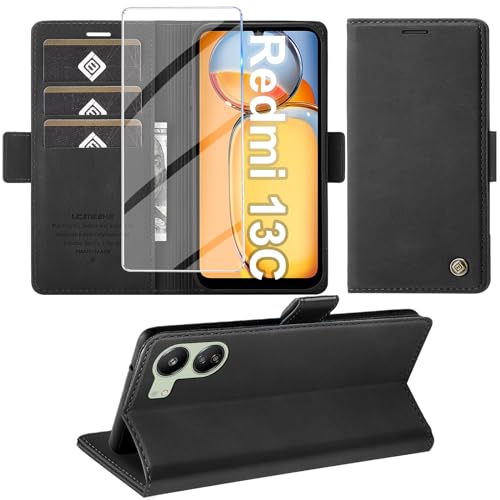 Handyhülle für Xiaomi Redmi 13C/Poco C65 Hülle mit Schutzfolie, Schutzhülle für Redmi 13C 5G PU Leder Wallet Flip Case Ständer Kartenfach Klapphülle Lederhülle für Xiaomi Poco C65 Cover (Schwarz) von Giyer