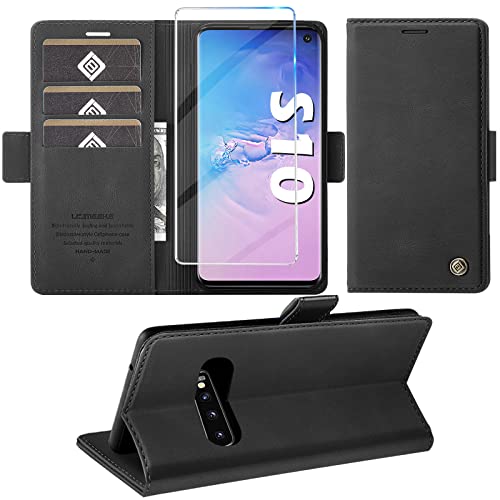 für Samsung Galaxy S10 Hülle mit Schutzfolie, Handyhülle Galaxy S10 Standfunktion Kartenfach Wallet Premium Leder Schutzhülle S10 Flip Case Cover Stoßfeste Klapphülle (Schwarz) von Giyer