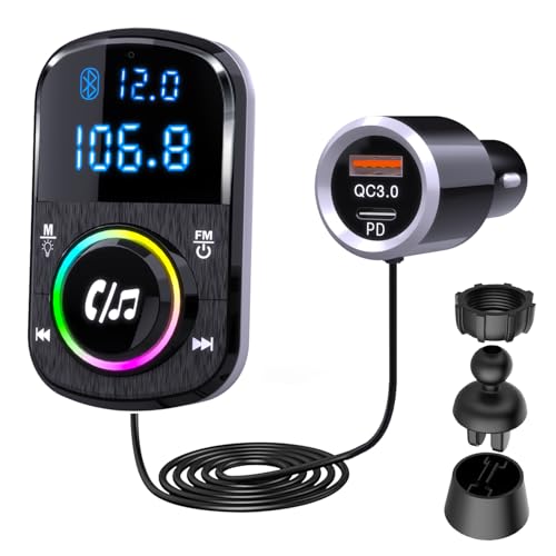 GizmoVine Bluetooth Adapter Auto, FM Transmitter, Unterstützt Freisprechen/QC3.0 und PD-Schnellladegerät/Umgebungslicht/Selbstklebende Basis und Clip mit 1.1-Kabel – BT/TF-Karten-Musikplayer von GizmoVine