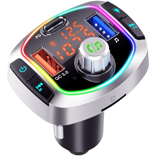 GizmoVine Bluetooth Adapter Auto, FM Transmitter Auto mit Dual USB Anschlüsse QC 3.0 Typ-C PD Schnellladung, Unterstützung Handy Freisprechanlage, Musik MP3 Player, SD-Karte, 7 RGB Beleuchtungsmodi von GizmoVine