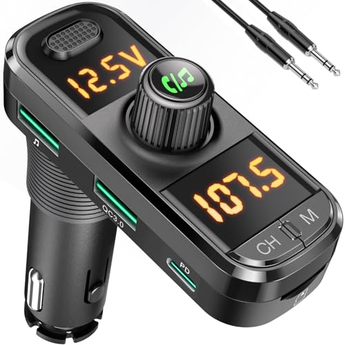 GizmoVine FM Transmitter Auto Bluetooth, Adapter Freisprecheinrichtung Auto mit QC3.0 & PD3.0 Schnellladegerät, Doppelte Digitalanzeige, 4 in 1 Musik MP3 Player, Unterstützt BT/TF Karte/USB Disk/AUX von GizmoVine