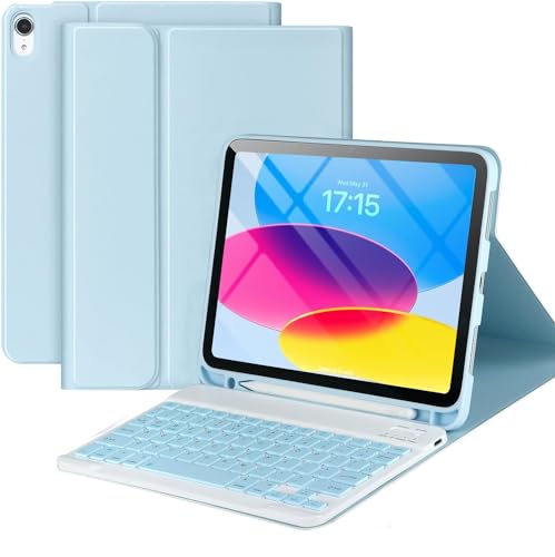 Gjinniuk iPad 10. Generation Hülle mit Tastatur 10,9 Zoll 2022, integrierter Stifthalter – iPad 10. Generation Abdeckung mit Tastatur Modell A2696/A2757/A2777 Himmelblau von Gjinniuk