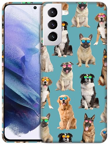 GlamCase Schutzhülle für Samsung Galaxy S21, Samsung Galaxy S21 – Hundemuster mit Sonnenbrille, blaugrünes Design, bedruckt, schmale Passform, niedlich, Kunststoff, Hartschale, Designer-Schutzhülle von GlamCase