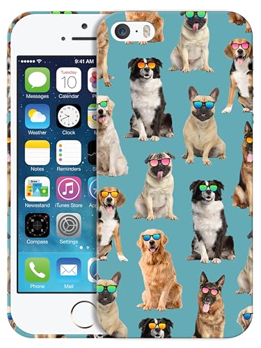 GlamCase Schutzhülle für iPhone 5 / 5S / SE 1. Generation, iPhone 5 / 5S / SE 1. Generation – Hundemuster mit Sonnenbrille, blaugrünes Design, bedruckt, niedlich, Kunststoff, Designer-Schutzhülle für von GlamCase