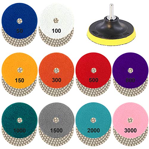 Glarks 10,2 cm 10 Pads 50 bis 3000 Körnung Nass Diamant Polierpads und Haken und 10,2 cm Schlaufe Rückseite Halter Scheibe mit 1/4 Zoll Schaft Set für Granit, Stein, Beton, Marmor, Travertin Polieren von Glarks