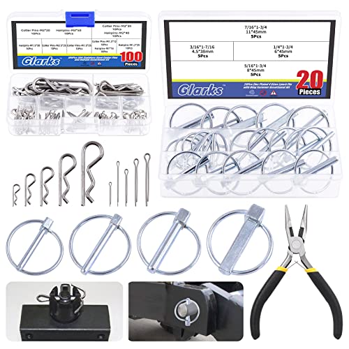 Glarks 121 Stück robuste Lynch Pins und Splinte mit R-Clips-Set Karbonstahl Linch Pins und 304 Edelstahl Splinte Haarnadeln mit Spitzzange für Automobil, Autos und LKWs Glarks 121 Stück robuste Lynch Pins und Splinte mit R-Clips-Set Karbonstahl Linch Pins und 304 Edelstahl Splinte Haarnadeln mit Spitzzange für Automobil, Autos und LKWs von Glarks
