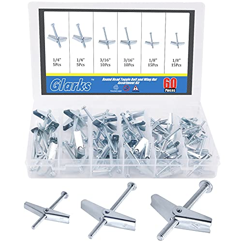 Glarks 60 Stück 1/8 Zoll, 3/16 Zoll, 1/4 Zoll, verzinkter Stahl, Rundkopf-Kippschraube und Flügelmutter-Sortiment zum Aufhängen schwerer Gegenstände an Trockenbauwänden Glarks 60 Stück 1/8 Zoll, 3/16 Zoll, 1/4 Zoll, verzinkter Stahl, Rundkopf-Kippschraube und Flügelmutter-Sortiment zum Aufhängen schwerer Gegenstände an Trockenbauwänden von Glarks