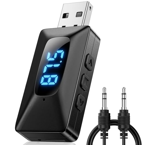 GlasFlength Aux Bluetooth Adapter Auto, Bluetooth 5.4 FM Transmitter Auto Plug & Play 3,5mm Freisprechanrufe Bluetooth Empfänger Klinke Stereo Musik für Autoradio/Stereoanlage/Sprecher (Schwarz) von GlasFlength