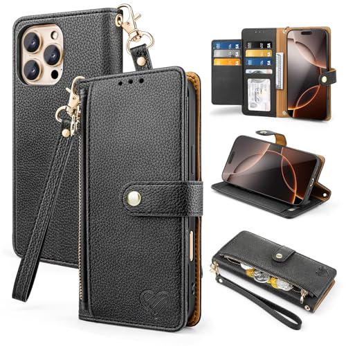 GlasFlength Handyhülle für iPhone 16 Pro Max mit RFID Blocker, PU Leder Klapphülle Schutzhülle Kartenfach Standfunktion Magnetverschluss stoßfest Flip Case Tasche mit Handschlaufe (Schwarz) von GlasFlength