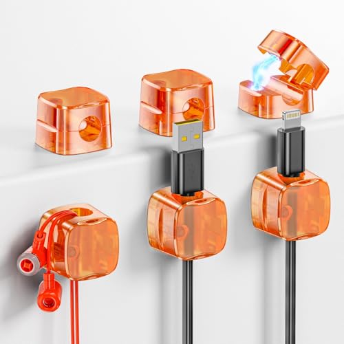 GlasFlength Kabelhalter Kabelclips 6 Stück, Kabelmanagement Magnetische Selbstklebend Kabel Organizer für Schreibtisch Wand Ladekabeln Netzkabel HDMI Kabel Büro, Haus (Transparent Orange) von GlasFlength
