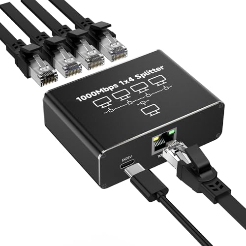 GlasFlength LAN Splitter 1 Auf 4 1000Mbps Ethernet Splitter, LAN Switch 4 Port Mit Type-C-Netzkabel Gigabit Ethernet Switch Stromkabel für Computer Hubs Switches Router Set-Top Box Digital TV et von GlasFlength