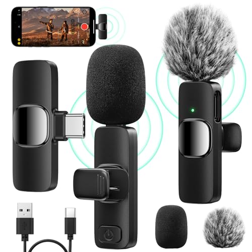 GlasFlength Lavalier Mikrofon Kabellos, Mini Mikrofon für iPhone 15 16/Android Plug-and-Play Ansteckmikrofon Wireless Microphone mit Rauschunterdrückung für Videoaufnahmen Live-Streaming (2 Mic) von GlasFlength