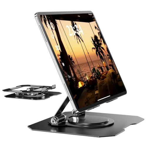GlasFlength Tablet Ständer für iPad, Verstellbarer Faltbare Tablet Halterung mit 360° Drehbarer Basis Super Stabil Tisch Tabletständer für 4-12,9 Zoll Tablet Stand für iPhone iPad Mini (Schwarz) von GlasFlength