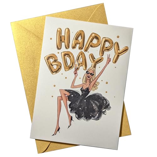 Glee & Glam Creations HAPPY BDAY Geburtstagskarte - besondere, exklusive Art Design-Grußkarte - auf hochwertigem Premium Perlmuttpapier - mit passendem Briefumschlag - schimmernd (Blond) von Glee & Glam Creations
