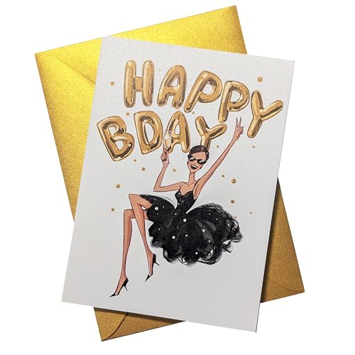 Glee & Glam Creations HAPPY BDAY Geburtstagskarte - besondere, exklusive Art Design-Grußkarte - auf hochwertigem Premium Perlmuttpapier - mit passendem Briefumschlag - schimmernd (Brünett, kurz) von Glee & Glam Creations