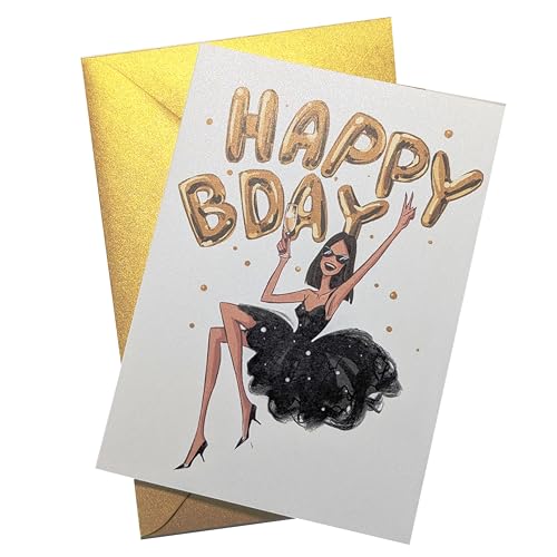 Geburtstagskarte Happy Birthday - HAPPY BDAY - schimmernd, glitzernd - hochwertiges Perlmuttpapier- mit Briefumschlag - Premium - besondere, exklusive Art Design-Grußkarte (Brünett, lang) von Glee & Glam Creations