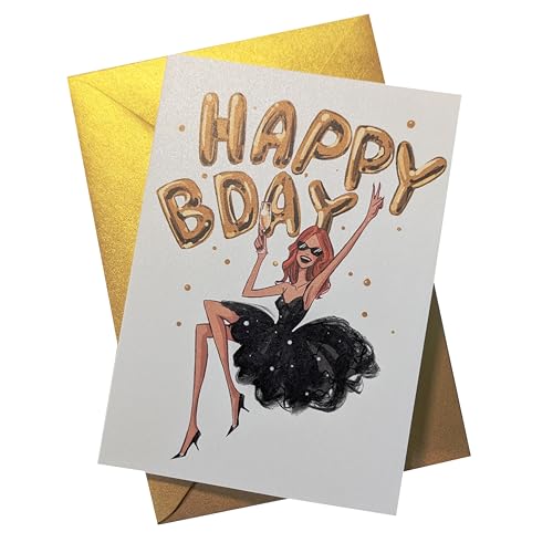 Glee & Glam Creations HAPPY BDAY Geburtstagskarte - besondere, exklusive Art Design-Grußkarte - auf hochwertigem Premium Perlmuttpapier - mit passendem Briefumschlag - schimmernd (Rothaarig) von Glee & Glam Creations