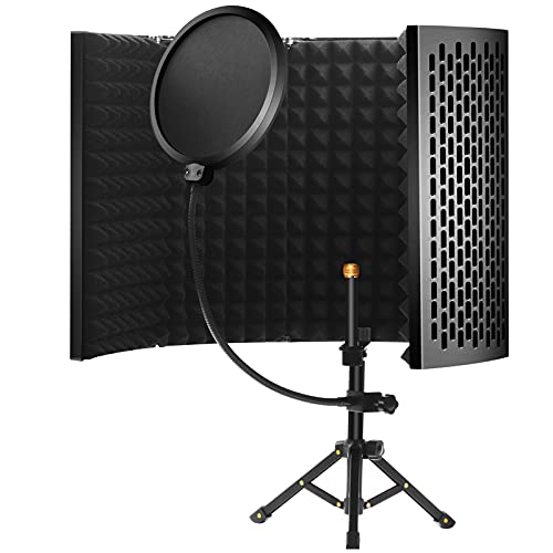 Mikrofon Isolation Schallschutz mit Stativ, 5 Seiten Faltbar Absorbierender Schaumschicht Micscreen Aufnahmestudio Aufnahmen vocal booth isolation shield Passend Für Blue Yeti von Gleeya