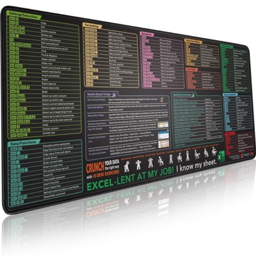 Excel Shortcut-Tasten-Mauspad – erweitertes großes XXL-Spickzettel Gaming-Mauspad | PC-Büro-Spreadsheet Tastaturmatte | rutschfeste genähte Kanten von Glittery Garden
