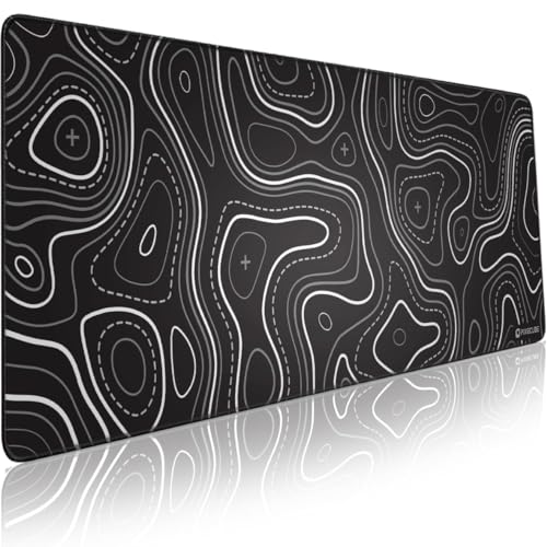 Minimalistisches Topografisches Karte Mauspad – Kontur erweitertes großes Mousepad mit Stichkante. Schwarz-weiße rutschfeste XXL Gaming-Schreibtischunterlage von Glittery Garden