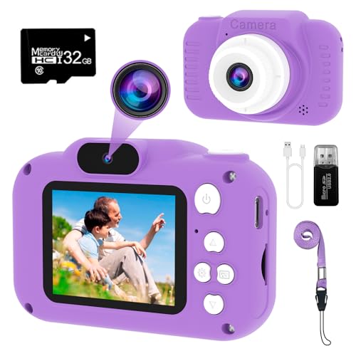 GlobalCrown Kinderkamera,Mini wiederaufladbare Kinder Digitalkamera,Video Camcorder Geschenke für Jungen Mädchen 3~9 Jahre,12MP HD Video Dual Objektiv Selfie Kamera Spielzeug (32GB Karte enthalten) von GlobalCrown
