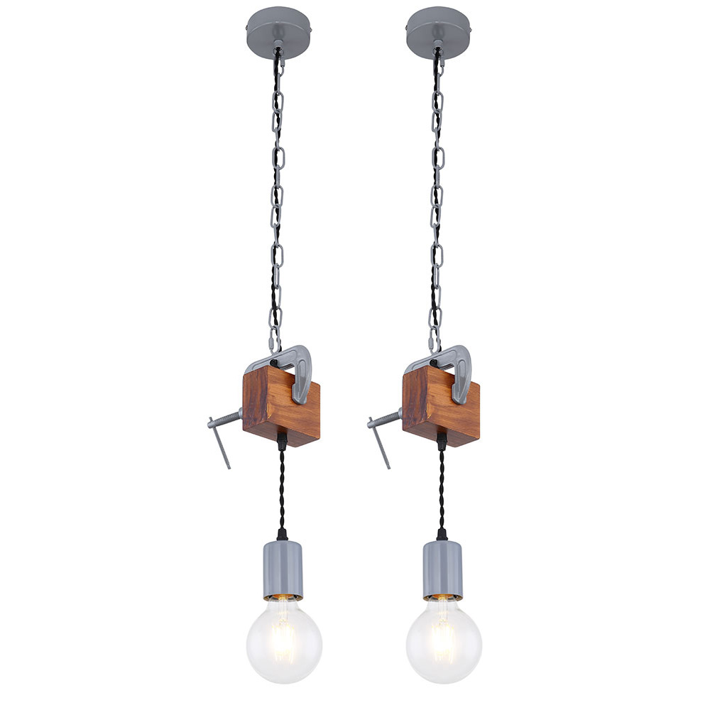 2er Set Hängeleuchte, Holz verzinkt, Schraubzwinge, H 120cm von Globo