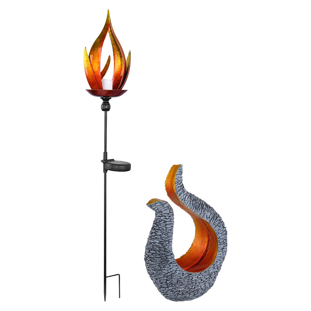 2er Set LED Solarlampe, Flammen Design, Skulptur von Globo