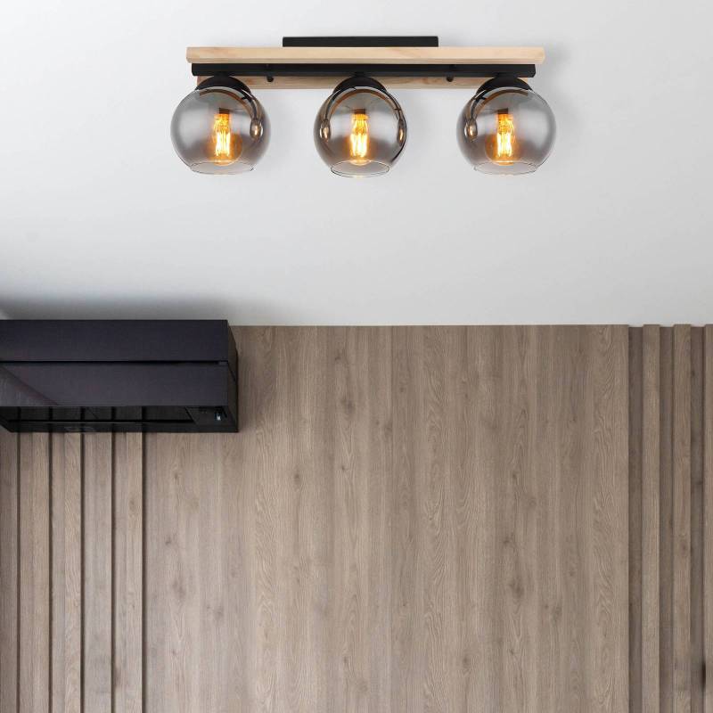 Deckenlampe Conni, Länge 60 cm, rauchgrau, Holz/Glas, 3-flg. von Globo