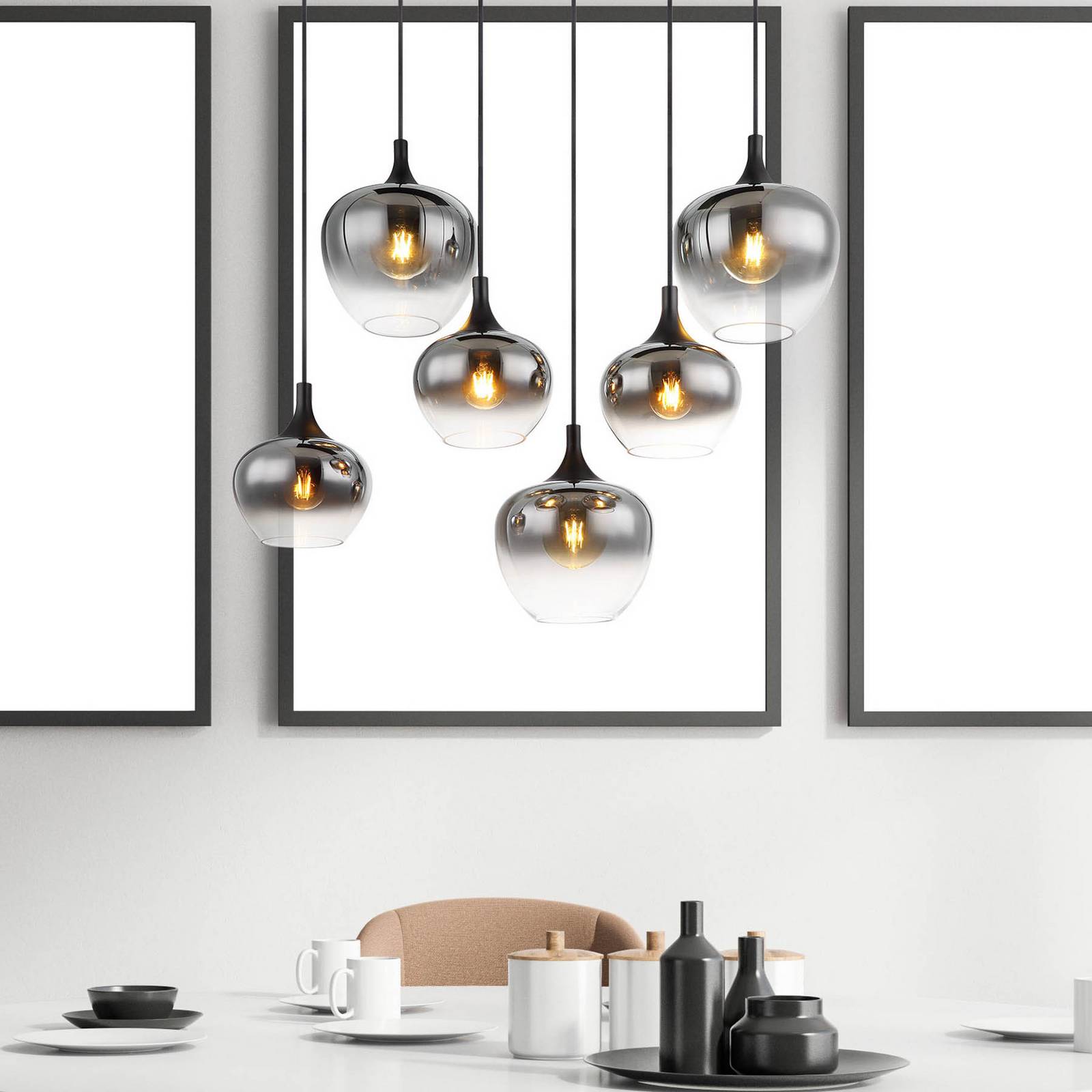 Hängelampe Maxy, Länge 86 cm, rauchgrau, Glas, 6-flg. Hängelampe Maxy, Länge 86 cm, rauchgrau, Glas, 6-flg. von Globo