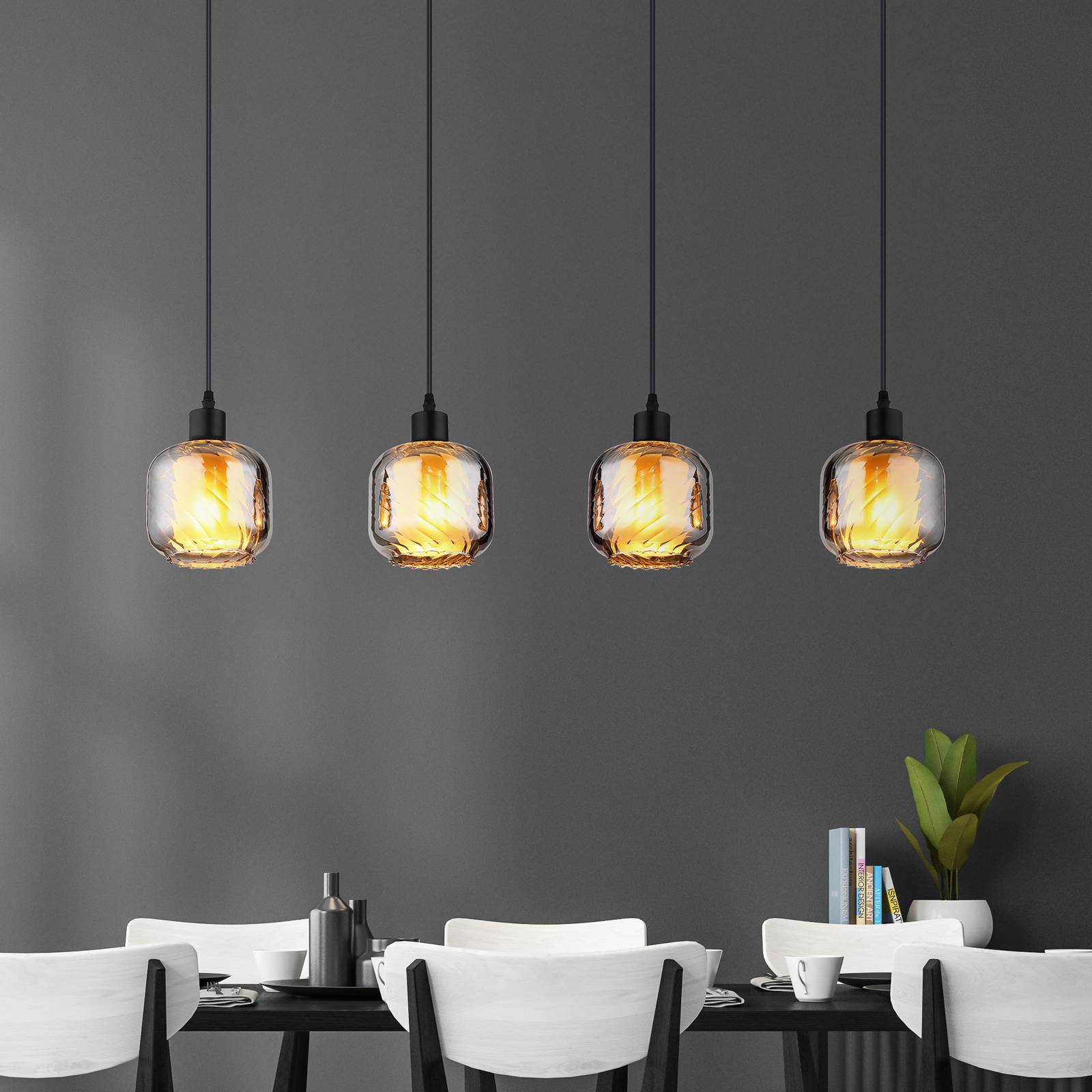 Hängelampe Xia, Länge 89 cm, rauchgrau, 4-flg., Glas von Globo