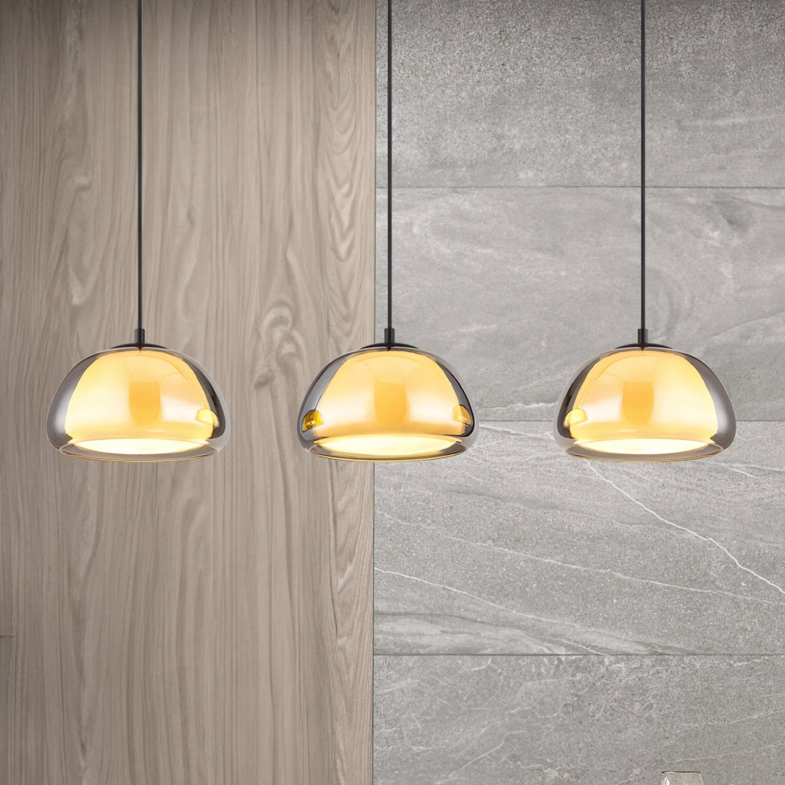Hängeleuchte Jella, Länge 95 cm, rauchgrau, 3-flg., Glas von Globo