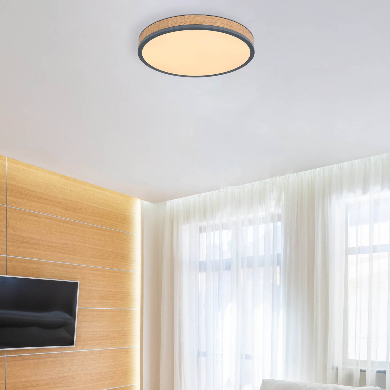 LED-Deckenlampe Doro, Ø 45 cm, grafit/holz dunkel, Holz, CCT LED-Deckenlampe Doro, Ø 45 cm, grafit/holz dunkel, Holz, CCT von Globo
