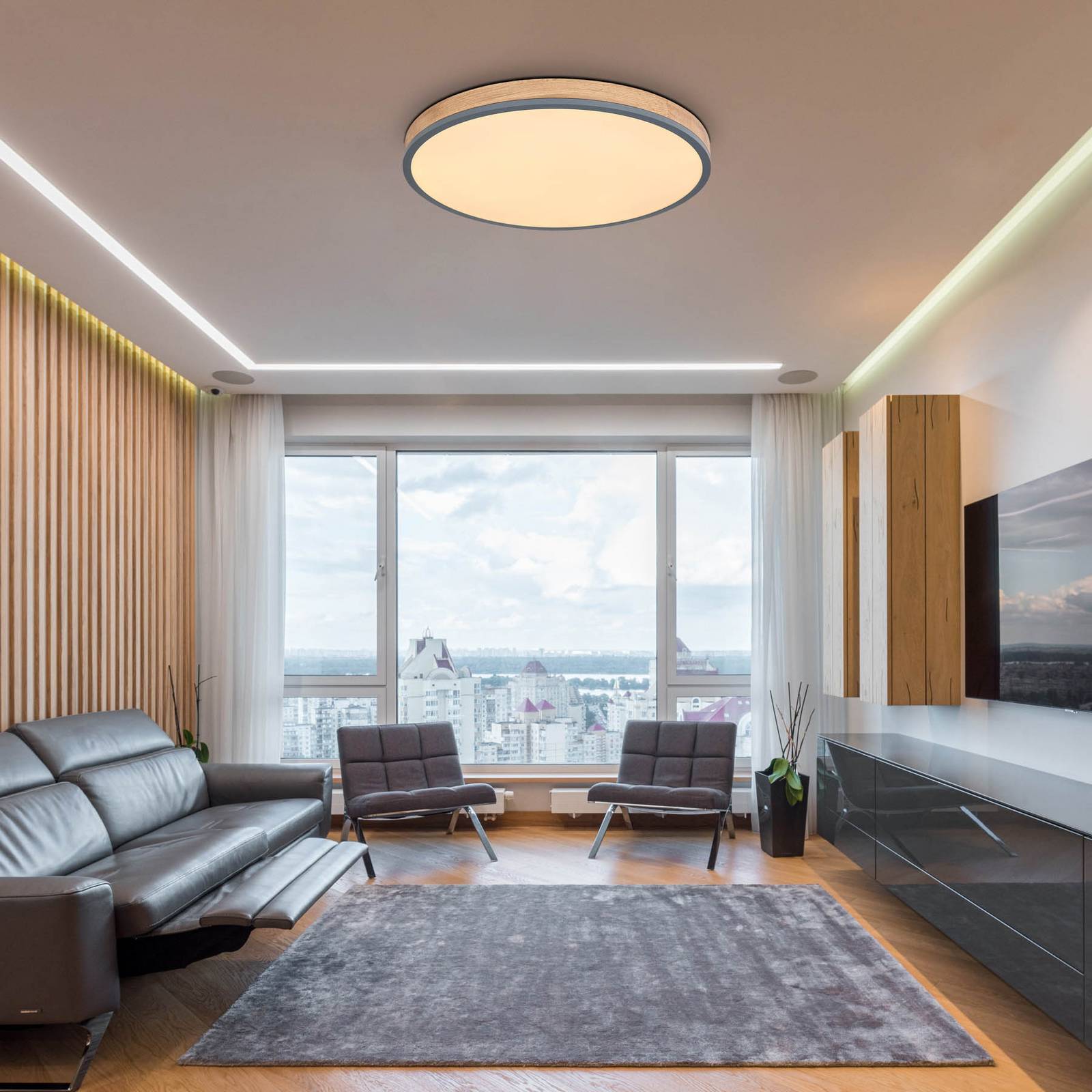 LED-Deckenlampe Doro, Ø 60 cm, grafit/holz dunkel, Holz, CCT LED-Deckenlampe Doro, Ø 60 cm, grafit/holz dunkel, Holz, CCT von Globo