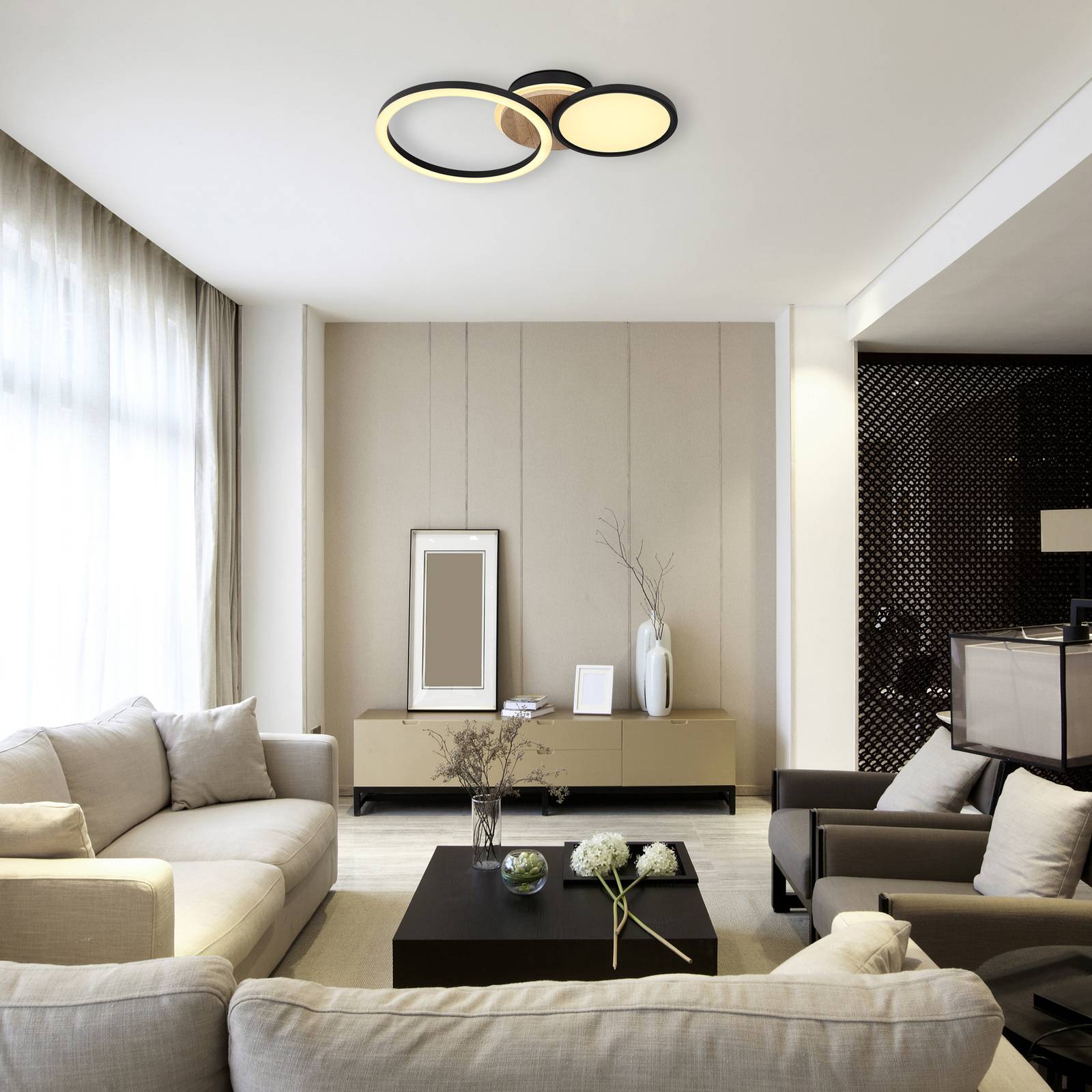 LED-Deckenleuchte Sid mit Holz, dreiflammig LED-Deckenleuchte Sid mit Holz, dreiflammig von Globo