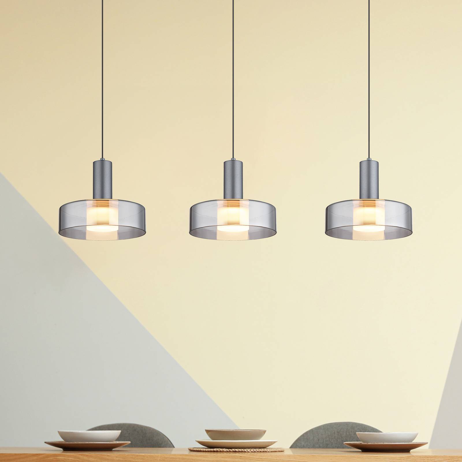 LED-Hängelampe Grant, Länge 90 cm, rauchgrau, 3-flg., Glas LED-Hängelampe Grant, Länge 90 cm, rauchgrau, 3-flg., Glas von Globo