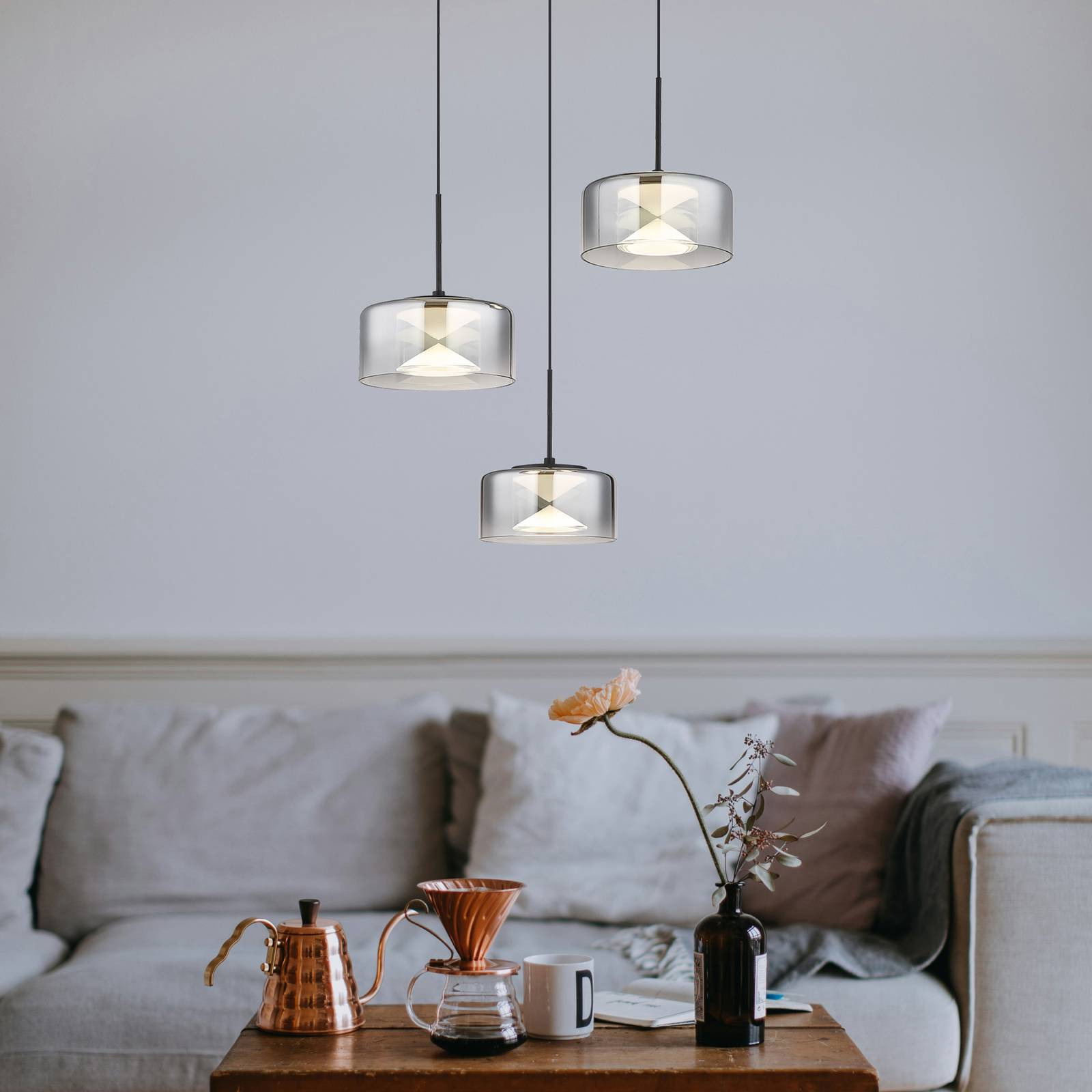 LED-Hängeleuchte Belinda, Ø 40 cm, rauchgrau, 3-flg., Glas von Globo