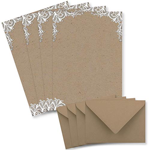100 Briefbogen-Sets DIN A4 - Briefpapier in Kraftpapier-Look mit weißer Spitze - mit passenden Briefumschlägen DIN C6 in taupe Briefpapier bedruckbar ideal für Hochzeitseinladungen von Glüxx Agent