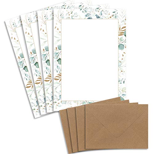 100 Briefbogen-Sets DIN A4 - Naturpapier in Creme - Rahmen mit Eukalyptus-Zweigen - mit Briefumschlägen DIN C6 in Kraftpapier Naturbraun Briefpapier bedruckbar ideal für Hochzeitseinladungen von Glüxx Agent