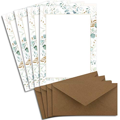 100 Briefbogen-Sets DIN A4 - Naturpapier in Creme - Rahmen mit Eukalyptus-Zweigen - mit Briefumschlägen DIN Lang in Kraftpapier Naturbraun Briefpapier bedruckbar ideal für Hochzeitseinladungen von Glüxx Agent